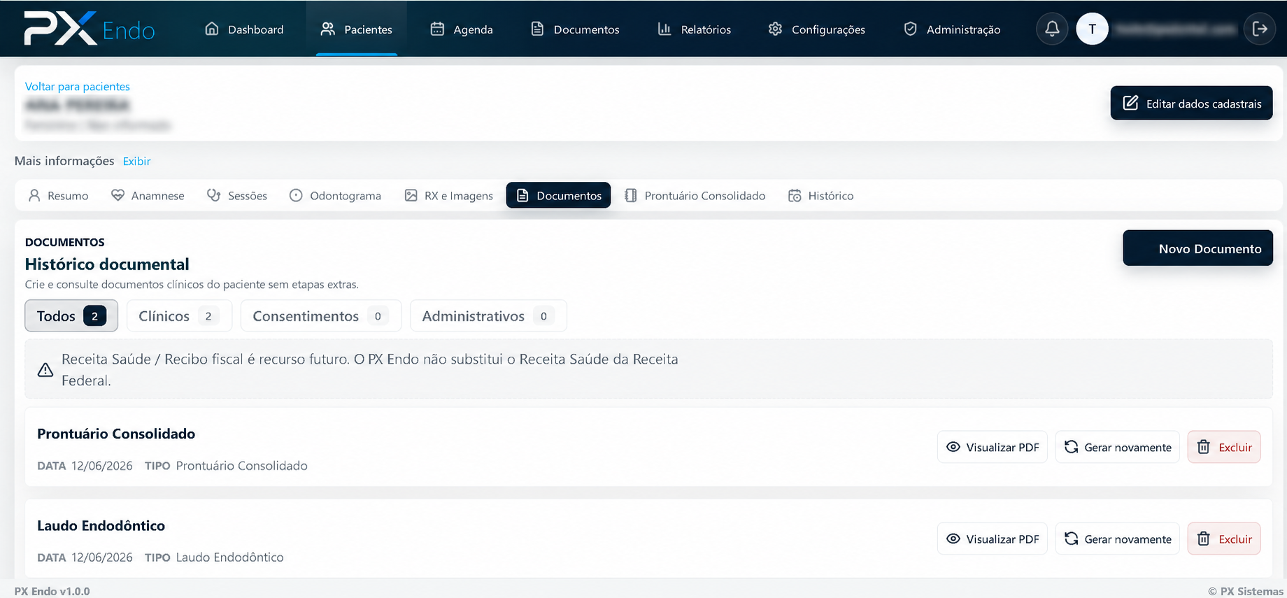Documentos centralizados no prontuário do paciente no PX Endo