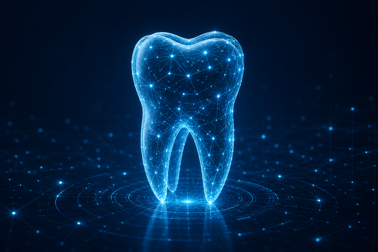 Dente digital em rede luminosa, representando tecnologia odontológica